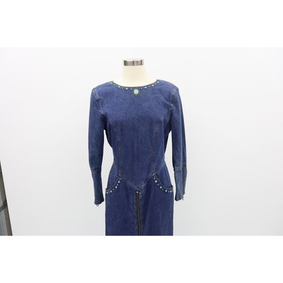 Jou Jou Y2K 1990's Denim Dress Stones and Gromet Embellishments Size M (Size 8) - Picture 2 of 16
